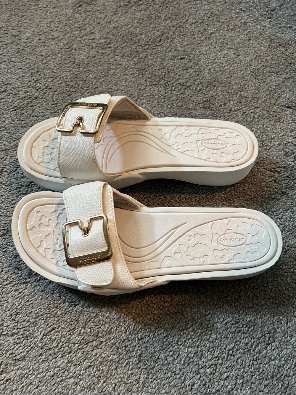 Dr. Scholl's White Slide Sandals with Gold Buckle